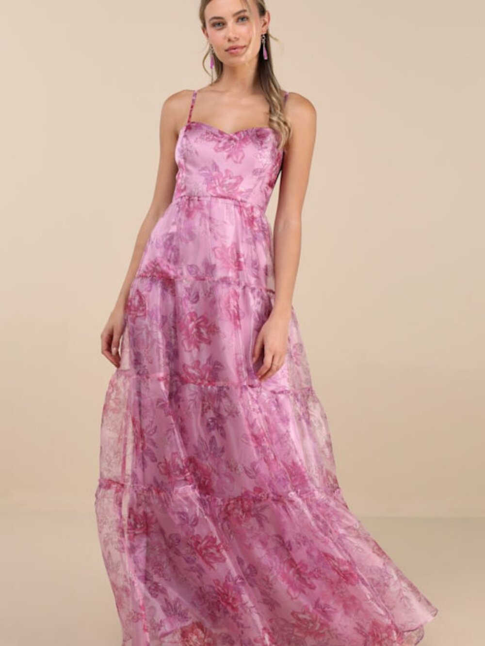 Lulus Exclusive Glamour Pink Floral Organza Tiered Maxi Dress - Size M
